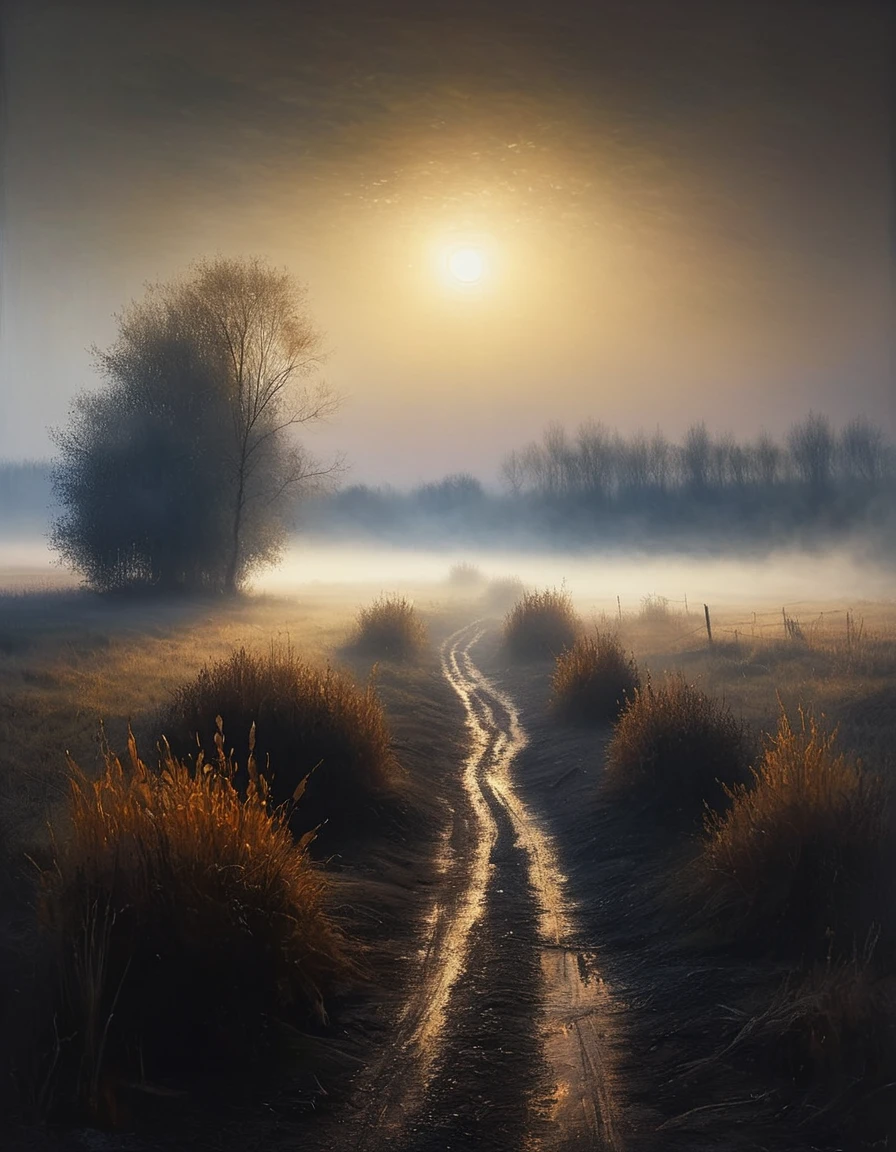 painting of a landscape permeated with mystery, early morning in a Russian village, thick fog and the first rays of the sun, dark atmosphere, cinematic scene, volumetric lights, ultra realistic, in the style of nicola samori