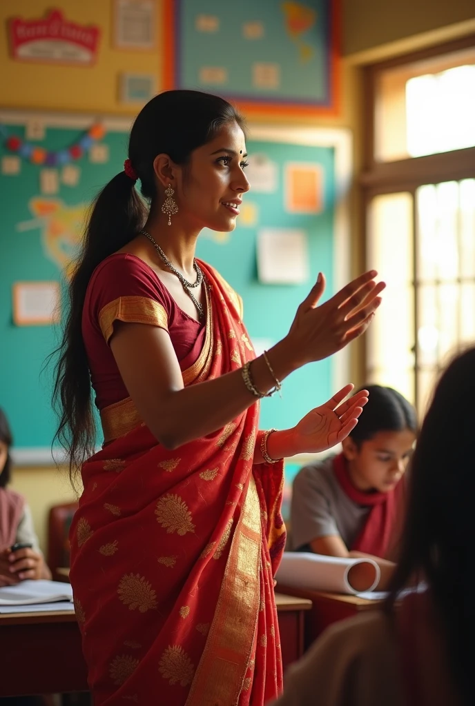 An Indian hot teacher wearing saree exposes her navel and waist to her student.