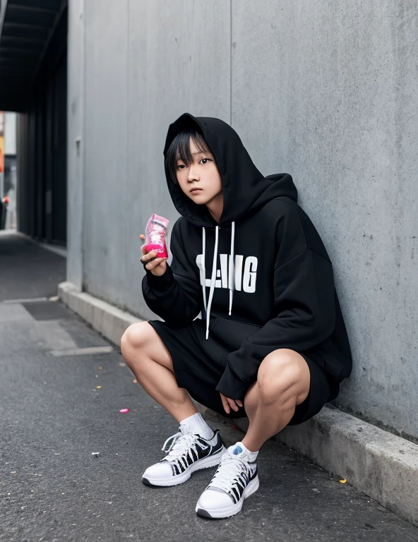 Black hoodie,Het Fong,Black and white sneakers,Hold a candy,Leaning against a wall