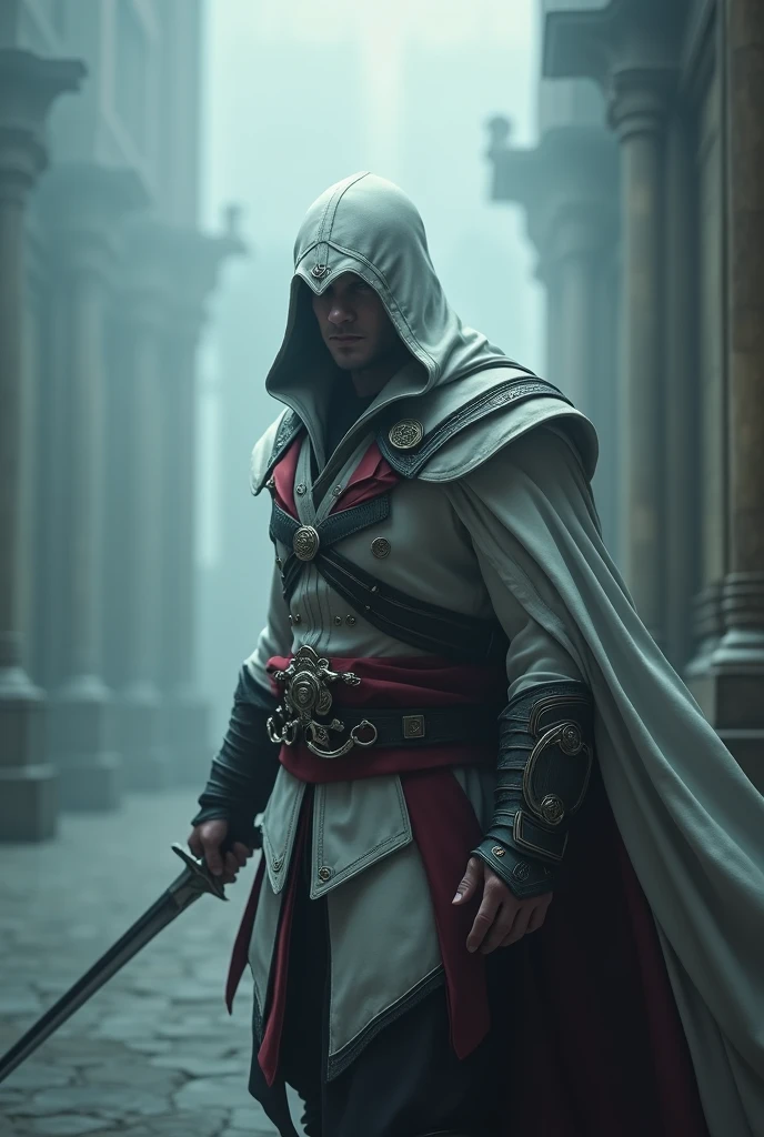 Ezio Auditore emerging from a thick fog, IN FRONT OF THE CAMERA:1.4, Un Very detailed, Cinematic illustration of an assassin from the Assassin's Creed universe:1.4, He wears a striking white hooded cloak and a hidden blade, Facing a temperamental, atmospheric background, dramatic lighting, intricate and ornate architecture, photorealistic, Digital art, conceptual art stylequality\(8k,extremely detailed CG unit wallpaper, masterpiece,High resolution,top-quality,top-quality real texture skin,hyperrealistic,increase resolution,RAW Photos,The best quality,Very detailed,The wallpaper, cinematic lighting,ray trace,golden ratio\), BREAK