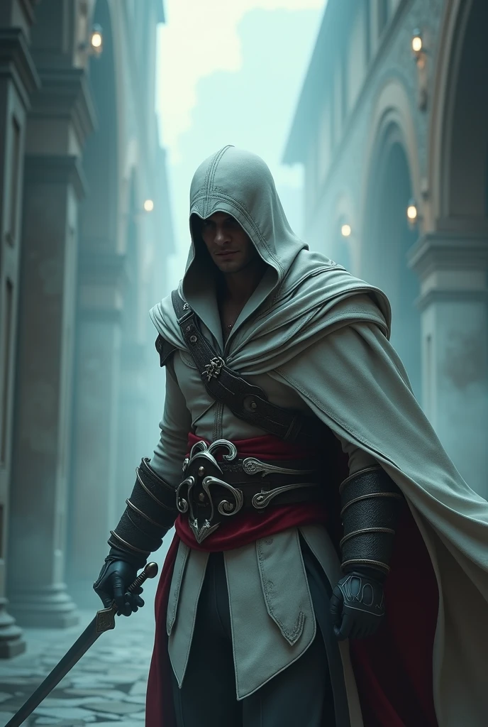 Ezio Auditore emerging from a thick fog, IN FRONT OF THE CAMERA:1.4, Un Very detailed, Cinematic illustration of an assassin from the Assassin's Creed universe:1.4, He wears a striking white hooded cloak and a hidden blade, Facing a temperamental, atmospheric background, dramatic lighting, intricate and ornate architecture, photorealistic, Digital art, conceptual art stylequality\(8k,extremely detailed CG unit wallpaper, masterpiece,High resolution,top-quality,top-quality real texture skin,hyperrealistic,increase resolution,RAW Photos,The best quality,Very detailed,The wallpaper, cinematic lighting,ray trace,golden ratio\), BREAK