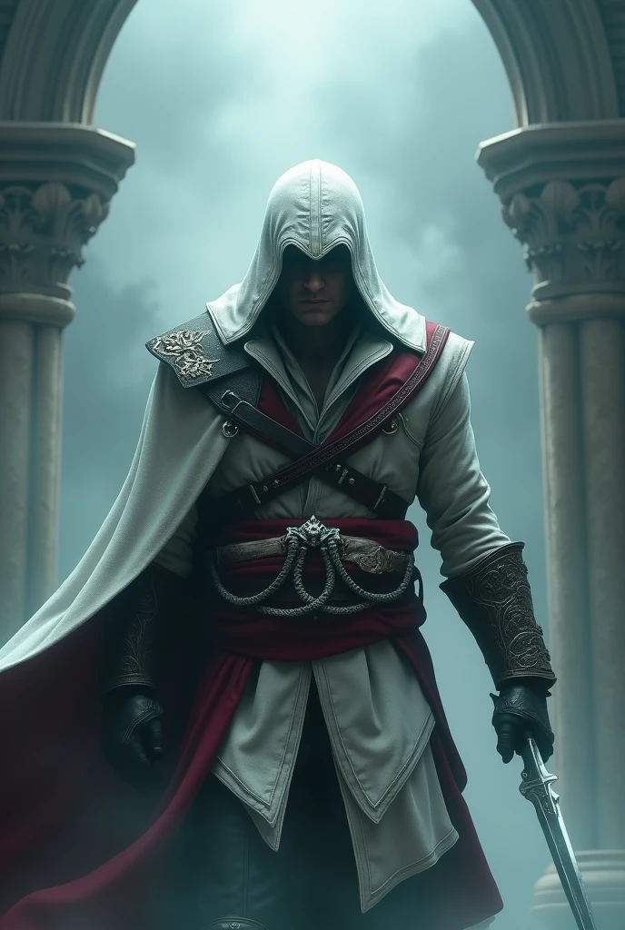 Ezio Auditore emerging from a thick fog, IN FRONT OF THE CAMERA:1.4, Un Very detailed, Cinematic illustration of an assassin from the Assassin&#39;s Creed universe:1.4, He wears a striking white hooded cloak and a hidden blade, Facing a temperamental, atmospheric background, dramatic lighting, intricate and ornate architecture, photorealistic, Digital art, conceptual art stylequality\(8k,extremely detailed CG unit wallpaper, masterpiece,High resolution,top-quality,top-quality real texture skin,hyperrealistic,increase resolution,RAW Photos,The best quality,Very detailed,The wallpaper, cinematic lighting,ray trace,golden ratio\), BREAK