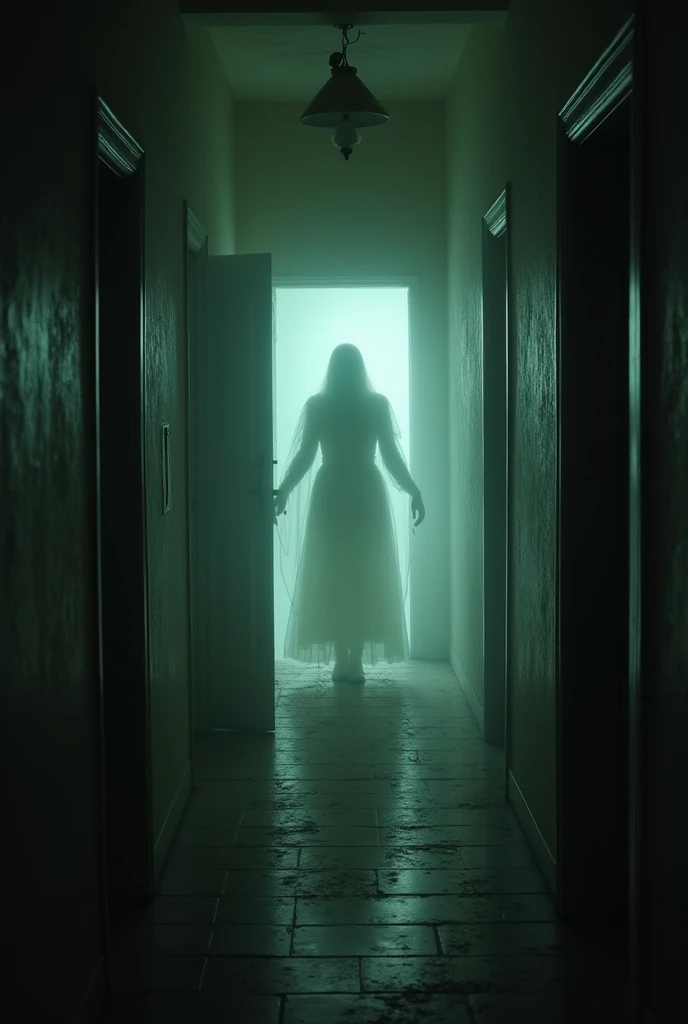 A ghostly figure of Maria appearing faintly in the dimly lit hallway of the hotel, with guests reacting in fear and surprise. Cold spots and eerie sounds add to the unsettling mood.