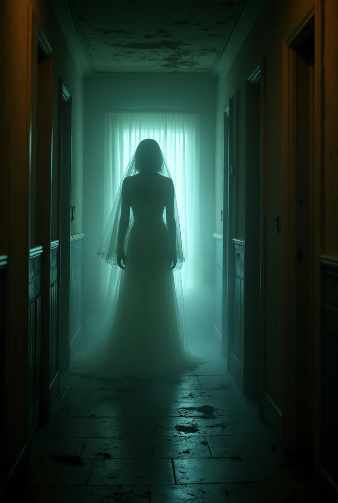 A ghostly figure of Maria appearing faintly in the dimly lit hallway of the hotel, with guests reacting in fear and surprise. Cold spots and eerie sounds add to the unsettling mood.