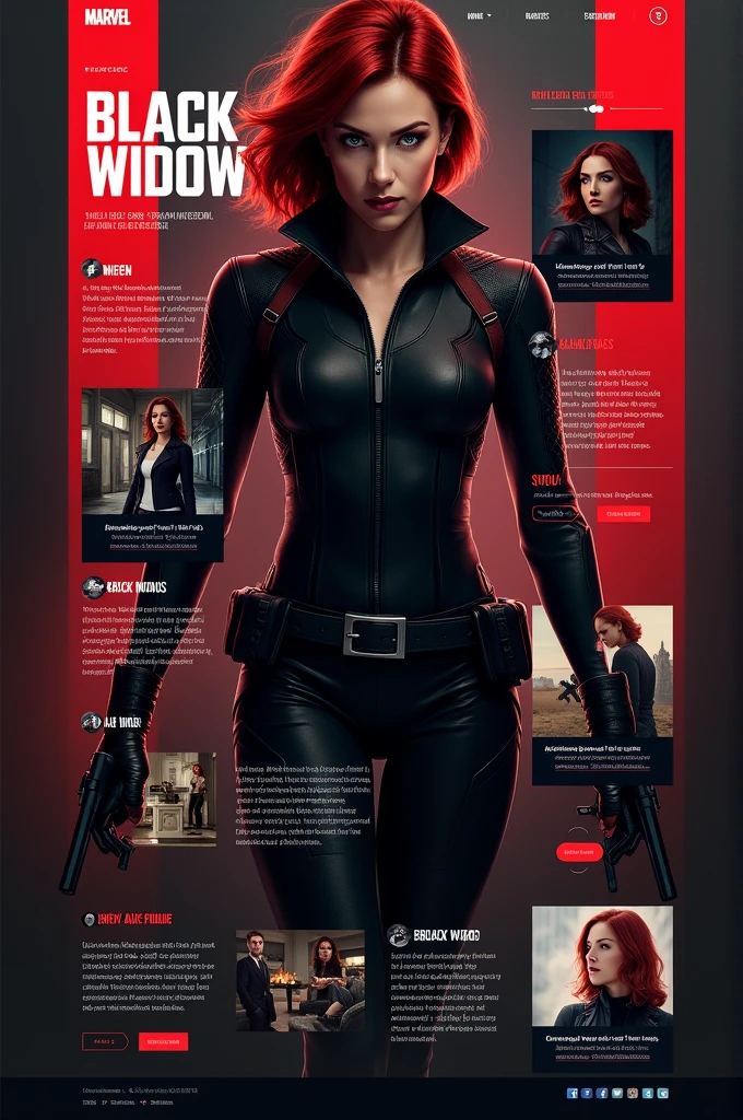 An image of a web page about Black Widow from the Marvel universe that has different sections