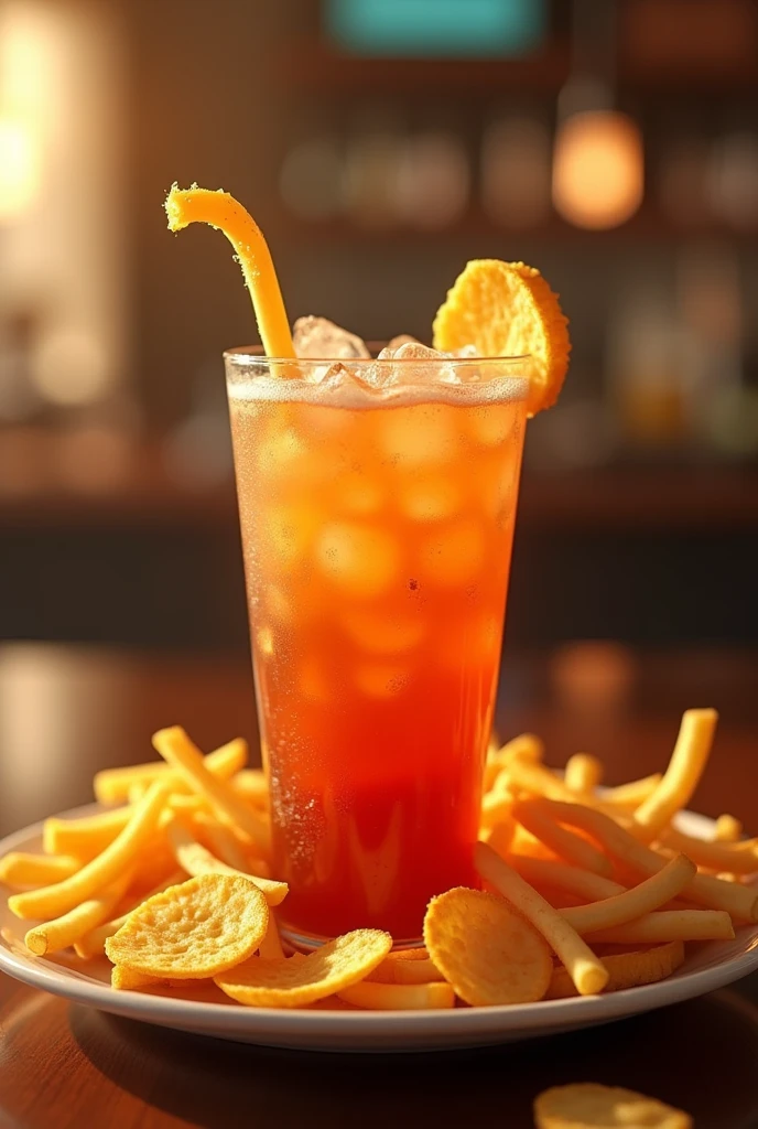 Beautiful Logo design 3D animation : drink that has STRAW MADE OF POTATO SKIN along with french fries and potato chips in a plate
