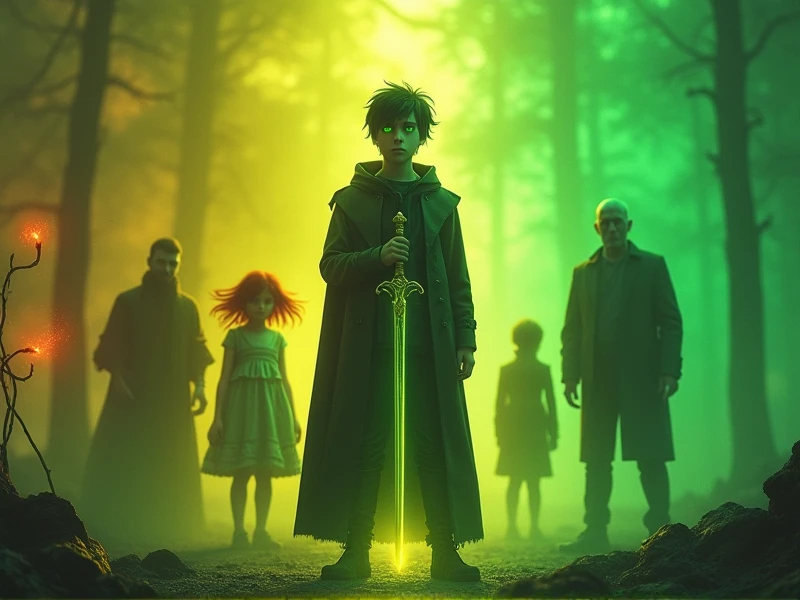 (photorealism:1.2), Background: green yellowish distopian world with a young man tall sharp green eyes with raven hair standing at themiddle with a sword thats emanating a goldish hue of sort with a man vailed in mysteries and a gril with long red hair and an old man with grey hairs at the cencter there is a writting saying veil of illusions The Awakening blending into the background aswell as another name called mysticCrafter slowly making the world feel like its an elusion as well as seven radiant colurs each representing a deadly sin and oppsite it seven light filled counter against them