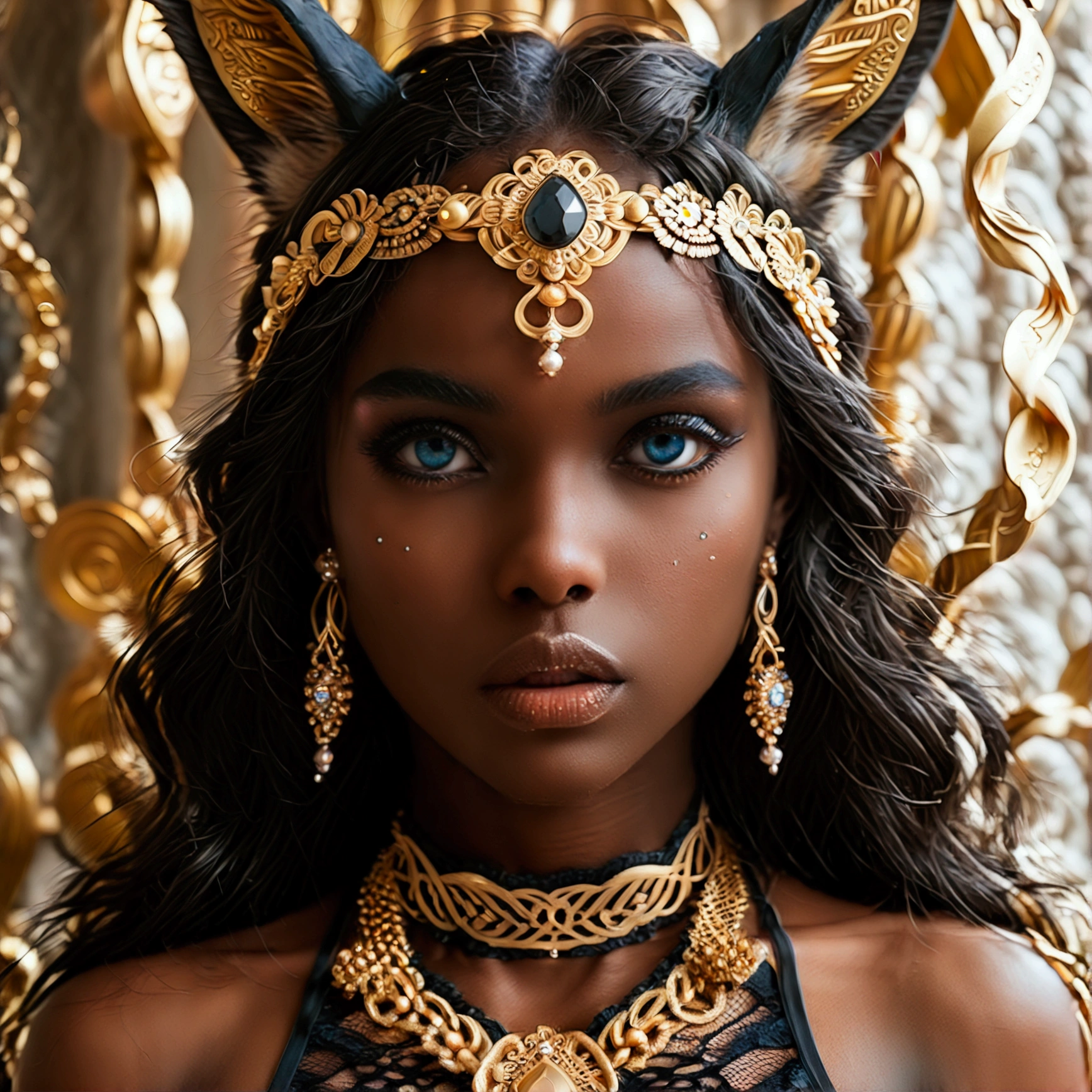 (masterpiece, best quality, ultra detailed, absurdres:1.5), 1girl, (sexy, beautiful woman, perfect face, perfect eyes, perfect female body:1.5), (Anubis_Citron_OC, dark skin, black hair, pelvic curtain, crop top, thighhighs, open nipples,