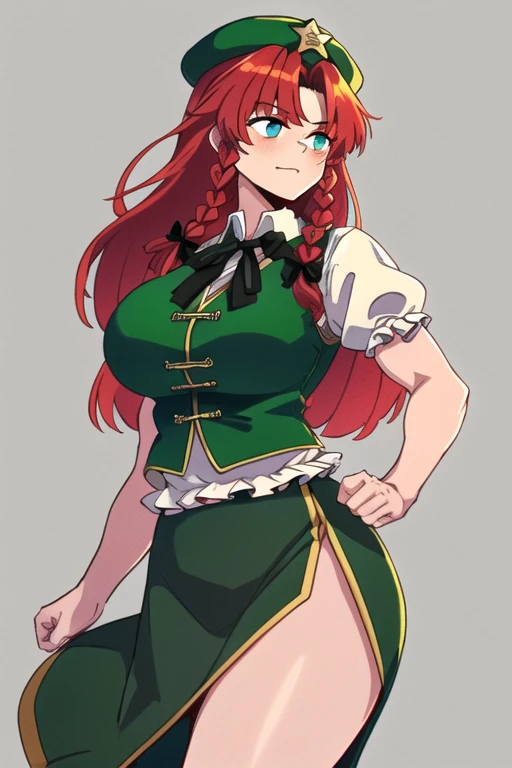 hong meiling, 1girl, solo, long haor, red hair, braids, blue eyes, big breasts, muscular body, white shirt, puffy sleeves, short sleeves, green vest, black ribbon, green skirt, gold trim, green beret, green hat, gold star, (cowboy shot), (simple dark background)