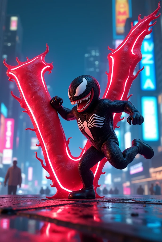 Create an animated image for alphabet V and an talking venom with animation 3D
