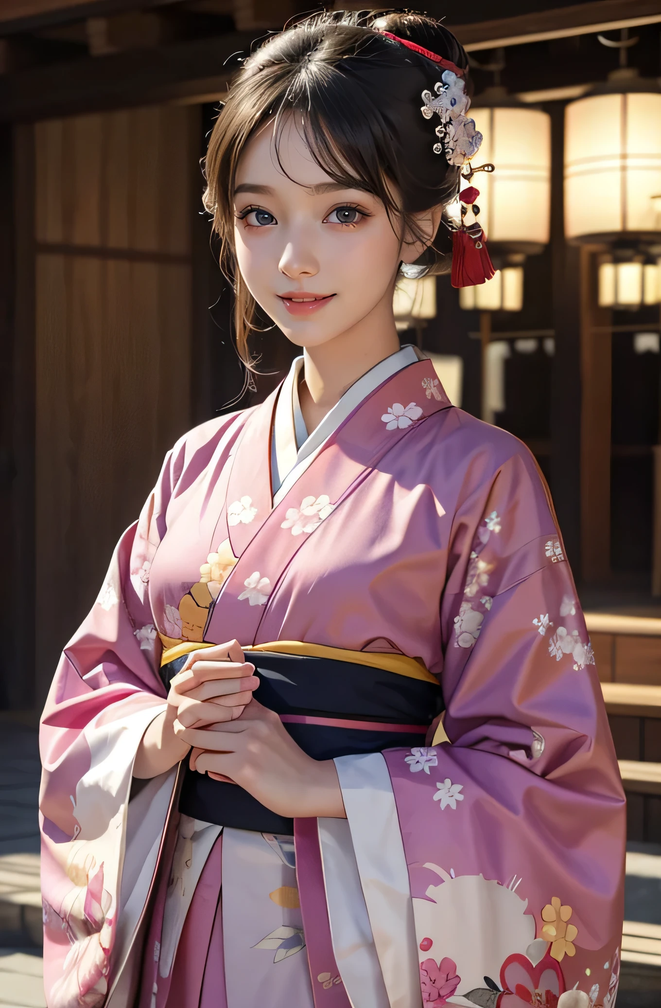 very cute girl, super cute face,clear attractive eyes, detailed Beautiful eyes,smiling, realistic photograph,gorgeous flamboyantly colored long sleeves kimono,
furisode ,very beautiful kimono,
Costume lighting