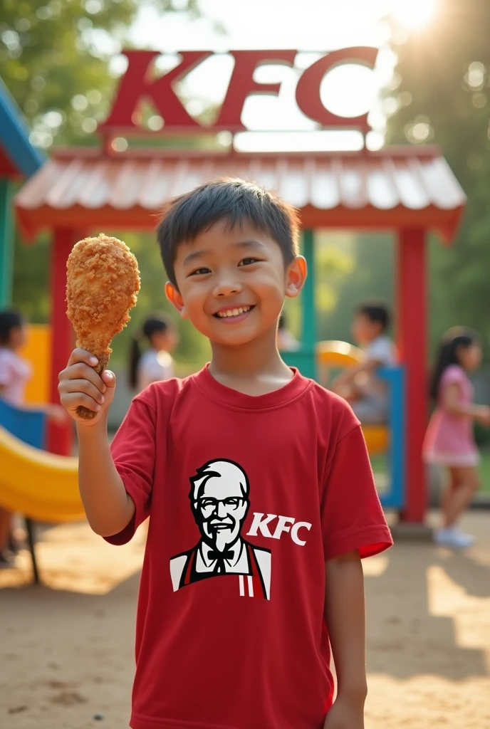 A 10-year-old Chinese boy holds a large chicken drumstick from KFC,Smile,On the playground,There is a clear KFC sign in the background