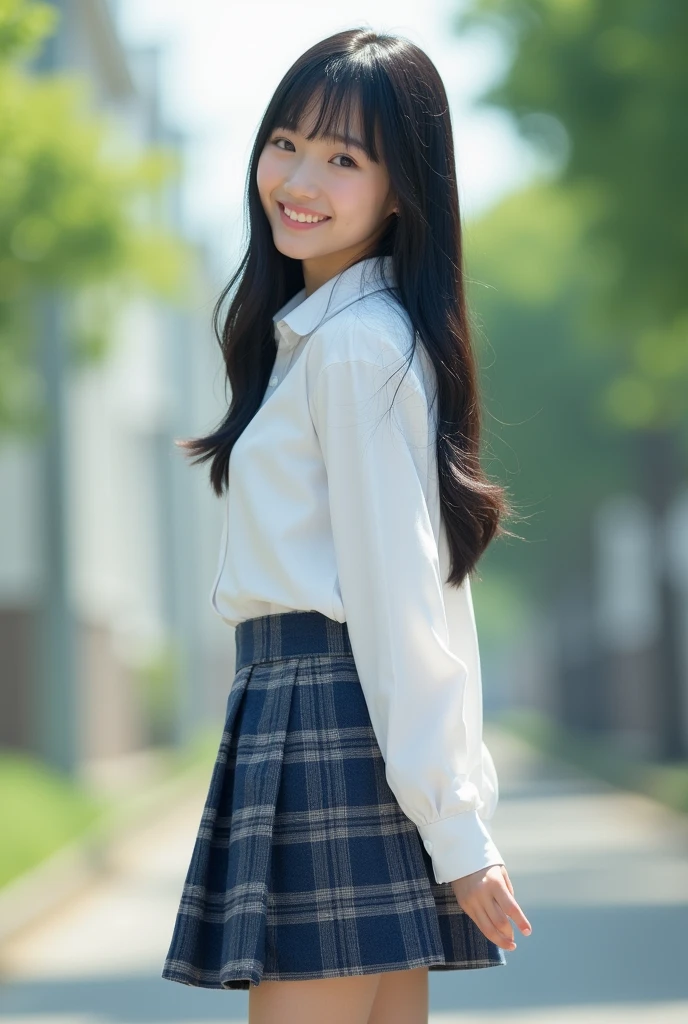 A smiling Japanese high school girl with straight black hair, big breasts and tall。
A painting that looks like a photograph。
The uniform is a white shirt。
The skirt is navy blue。Gray checkered pattern with black overall。
Skirt length is shorter than above the knee。
The length of the hair is very long。
The bangs are neatly trimmed and cover the eyebrows.。
Nogizaka46-ish. Seen from the right. Height 180cm.。 モデルっぽい どちらも顔が見えるように A painting that looks like a photograph