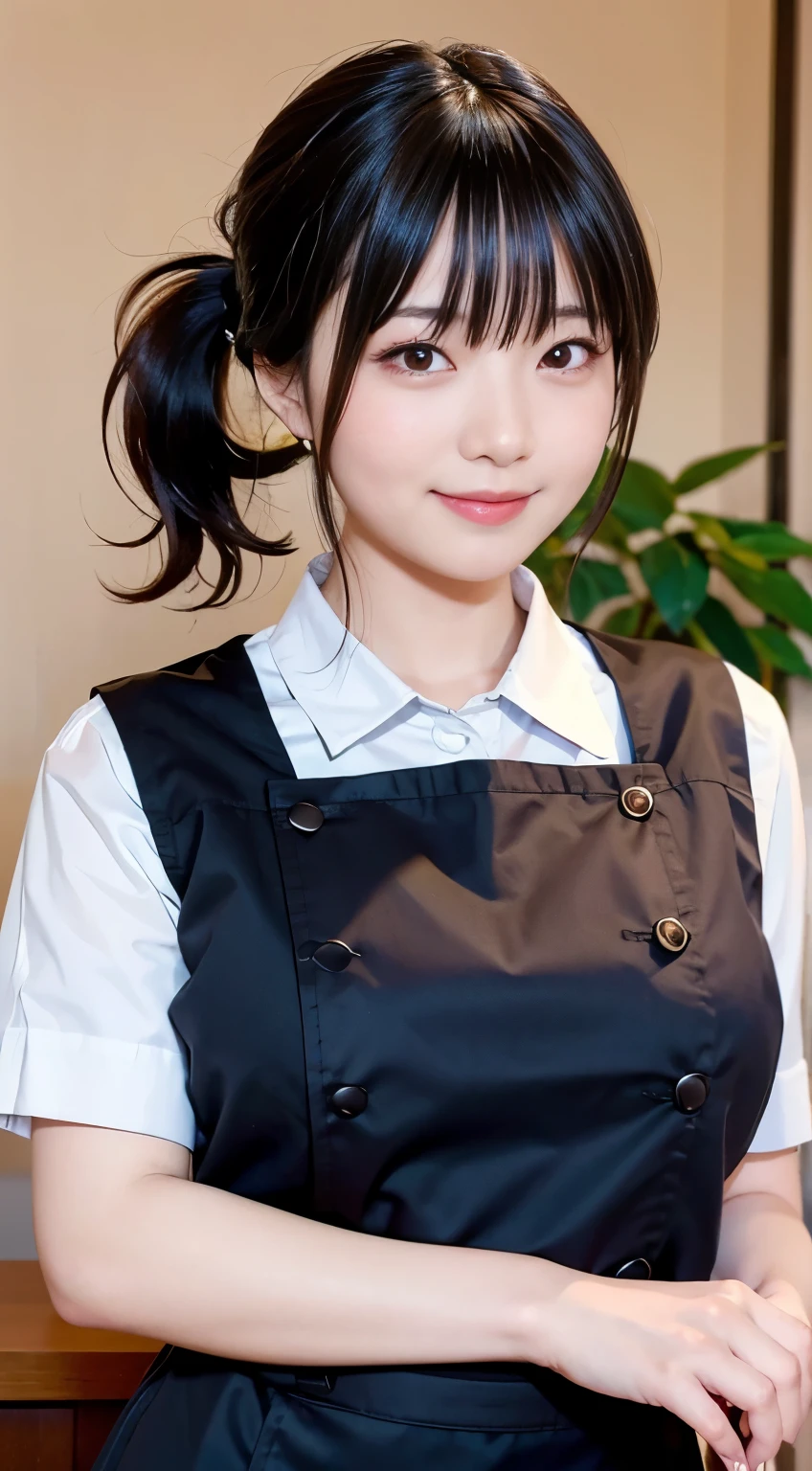 (Highest quality,masterpiece:1.3,Ultra-high resolution,),(Very detailed,Caustics),(Realistic:1.4,RAW shooting,)Ultra-Realistic Capture,Very detailed,High resolution 16K human skin closeup。 Natural skin texture、,pores、、、、It must be detailed enough to be easily identifiable。 Skin tone is even and healthy looking。 Use natural light and color,restaurant,Waitress Uniform,1 person,Japanese,18-year-old,cute,Black-haired,ponytail,Big Breasts,smile,Turn your body forward,(Front view:1.1),Looking into the camera,Cowboy Shot,