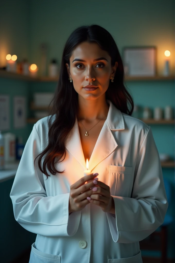 Arafed woman wear doctor dress holding a candle in her hands generative ai
