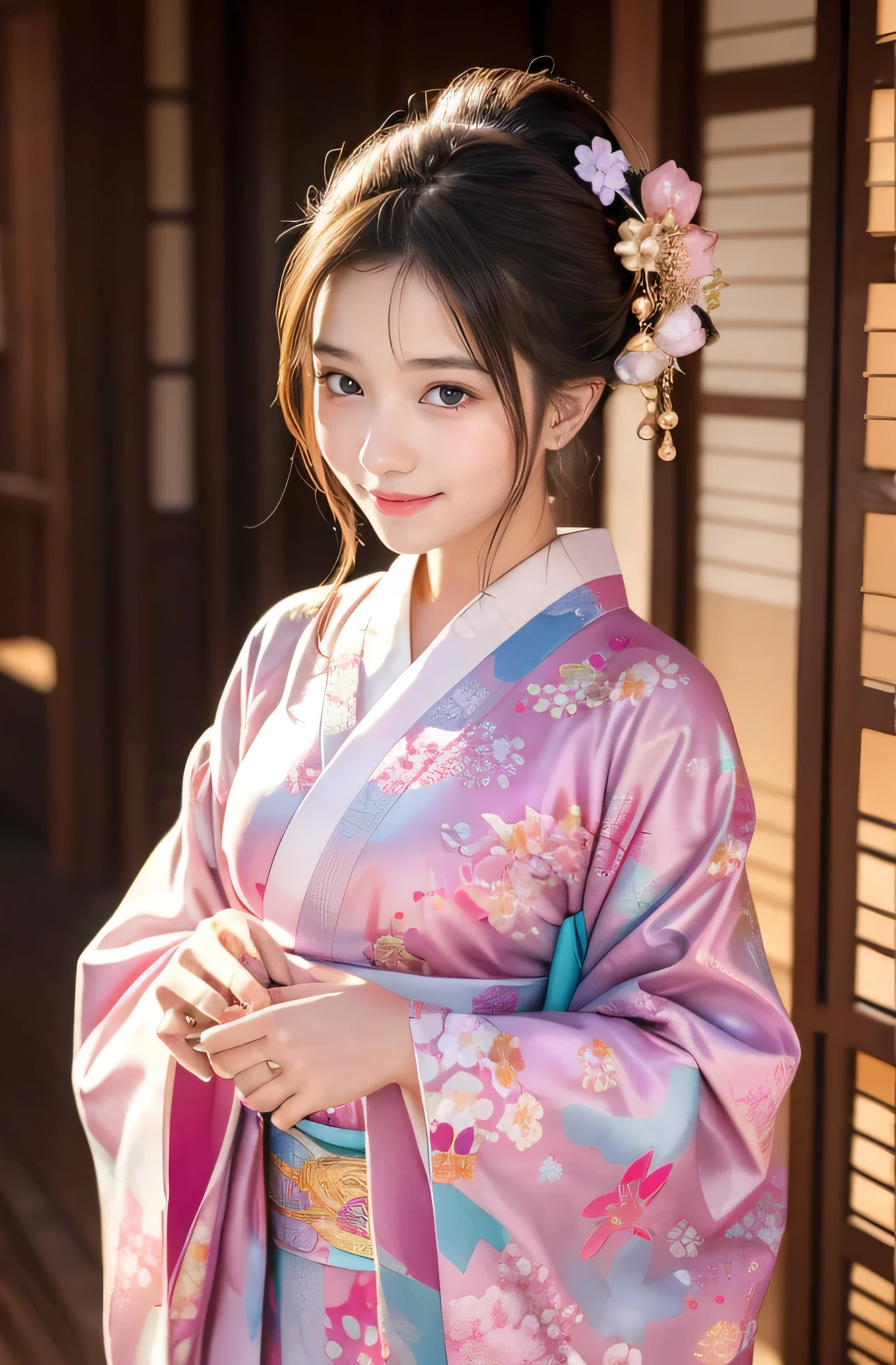 very cute girl, super cute face,clear attractive eyes, detailed Beautiful eyes,smiling, realistic photograph,gorgeous flamboyantly colored long sleeves kimono,
furisode ,very beautiful kimono,
Costume lighting