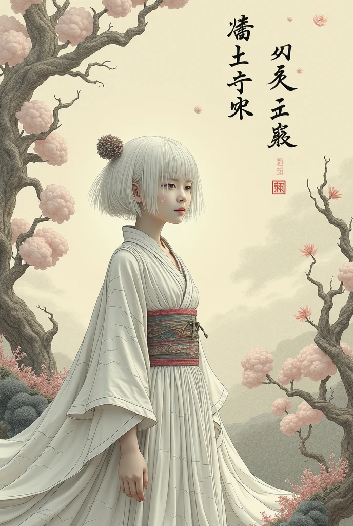 Make a character of a full-body white girl. With short white hair and white skin with cracks Bizarre 2d ancient Japanese drawing style With letters with title dream