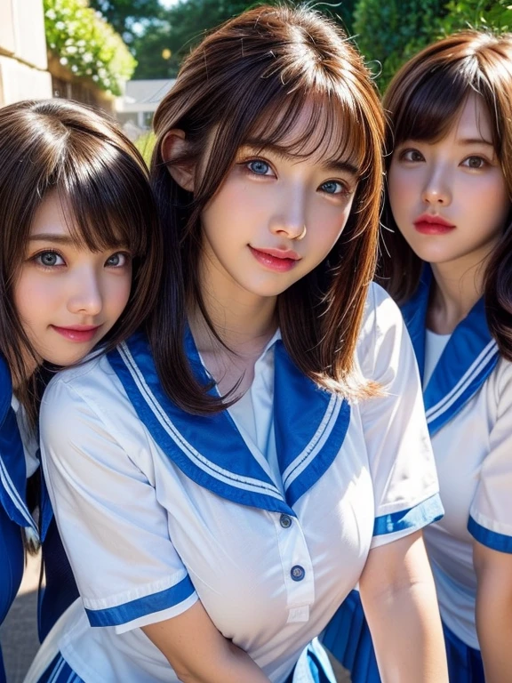 ((masterpiece, highest quality)), (Super detailed), ((super cute)), (Multi-point), ((very detailed)), 4k, highest quality, (beautiful), hyper cute face, Perfect Face, hyper genuineistic, Close-up, clear outline, (three cute school girls:1.5), (summer school girl uniform :1.3), ((beautiful eyes)), (leaning forward:1.3), natural skin texture, big breasts, All Fine Girls, Wow Girls, romantic ambiance, Highly detailed CG, look shyly at the viewer