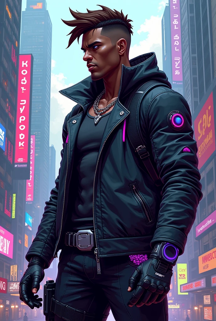 Muscular balck man (tall, brown hair, cyber punk gears, one eye is blue) in pixel art