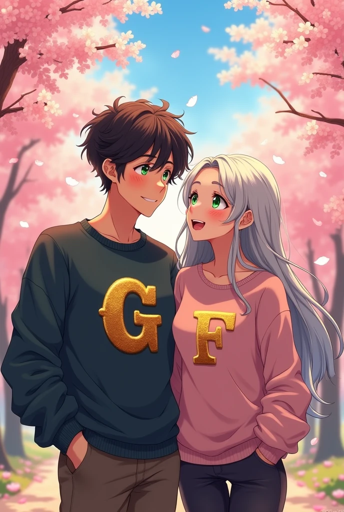 Anime couple with the initials g for baron and f for woman on the sweater