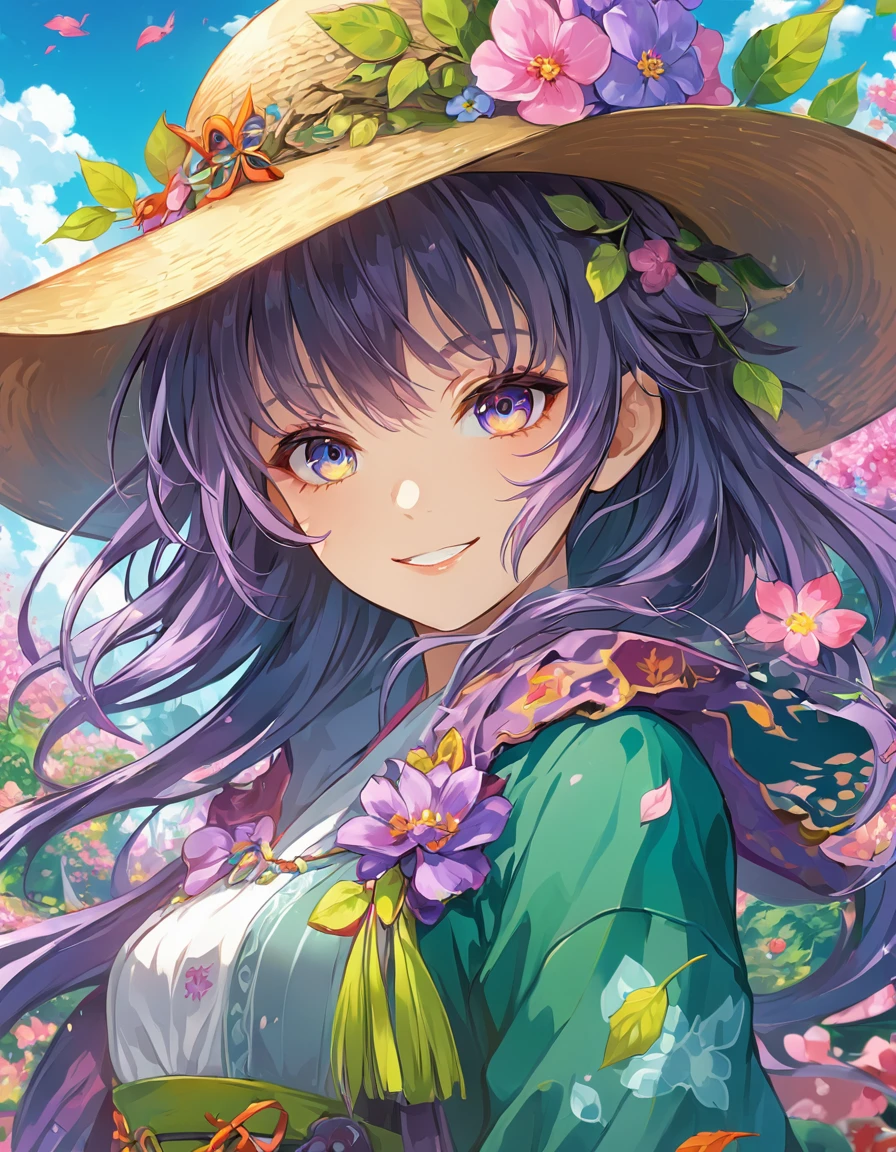 peaceful look,smile look, anime girl in a hat with flowers and leaves, anime style 4 k, anime art wallpaper 4k, detailed digital anime art, anime art wallpaper 4 k, detailed anime art, anime fantasy artwork, 4k anime wallpaper, anime wallpaper 4k, anime wallpaper 4 k, anime fantasy illustration, detailed anime artwork, detailed anime character art, anime art wallpaper 8 k