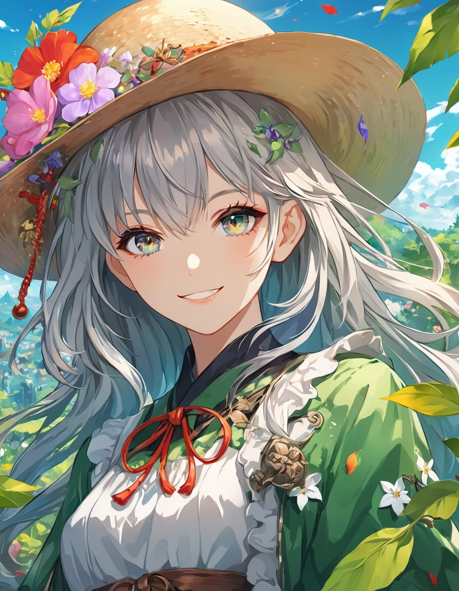 peaceful look,smile look, anime girl in a hat with flowers and leaves, anime style 4 k, anime art wallpaper 4k, detailed digital anime art, anime art wallpaper 4 k, detailed anime art, anime fantasy artwork, 4k anime wallpaper, anime wallpaper 4k, anime wallpaper 4 k, anime fantasy illustration, detailed anime artwork, detailed anime character art, anime art wallpaper 8 k