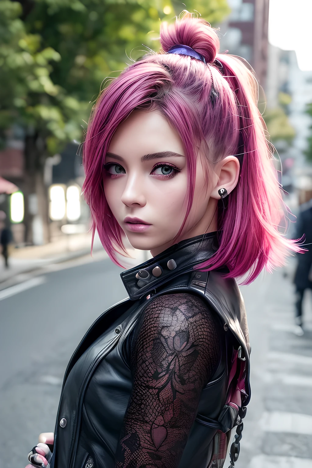 punk girl, Tosaka, No mohawk sleeves, The tattoo, head phone, goth_punk, 1girl in, solo, medium shot, Walking in Harajuku, ((during night)), bokeh dof, Neon light, Iridescent eyes, starrysky, red glowing hair, Black eyebrows, Radiant hair, (iridescent red hair), bangss, jewely, masks, bluntbangs, verd s eyes, Mouth mask, blurry backround, bblurry, hair adornments, Look at viewers, shorth hair, portraitures, side locks、goth、(masutepiece), (Portrait), (Aesthetic), (Beautiful), (upper blody), (High quality), (aesthetic clothings), (professional angle), (thirds rule), (Feminine), (Woman), (Female), (Beautiful),(Feminine features), (25-years old), Solo, 1 woman, (Charming punk girl), Winters, Dramatic light, ((Playing guitar)), (Standing), Edgy makeup, (Small bust), ((electric guitar)), (Front face), (Defiant expression), ((defiance)), (Leather jackets and tattoos), ((Short hair)), (dyed (E.G. and pinks) hair), (spiky hair), (Thick hair), Matte Shine Hair, (Hair bands scattered in the hair), (Green eyes), (Bold and bold look), (pale skin), (Dark clothes), (Band T-shirt), (Ripped jeans), (-), crew neckline), ((Urban alley background)), (up close shot), Beautiful hands, Two hands, normal hands, Two arms, complete hands, Beautiful body, Beautiful fingers, normal fingers, Five Fingers, Five Fingers, (Thumb index finger ring finger), Beautiful ears, normal ears, Beautiful eyes, shiny eyes, Beautiful mouth, Beautiful lips, Beautiful face, (upon body from head to waist:1.35), tyndall effect, photorealistic, 8k uhd, dslr, high quality, volumetric lighting, candid, Photograph, high resolution, 4k, 8k, Bokeh, (hyper-realistic girl), (illustration), (high resolution), (extremely detailed), (best illustration), (beautiful detailed eyes), (best quality), (ultra-detailed), (masterpiece), (wallpaper), (photorealistic), (natural light), (rim lighting), (detailed face), (high detailed realistic skin face texture), (anatomically correct), (perfect hands), (correct fingers), (heterochromic