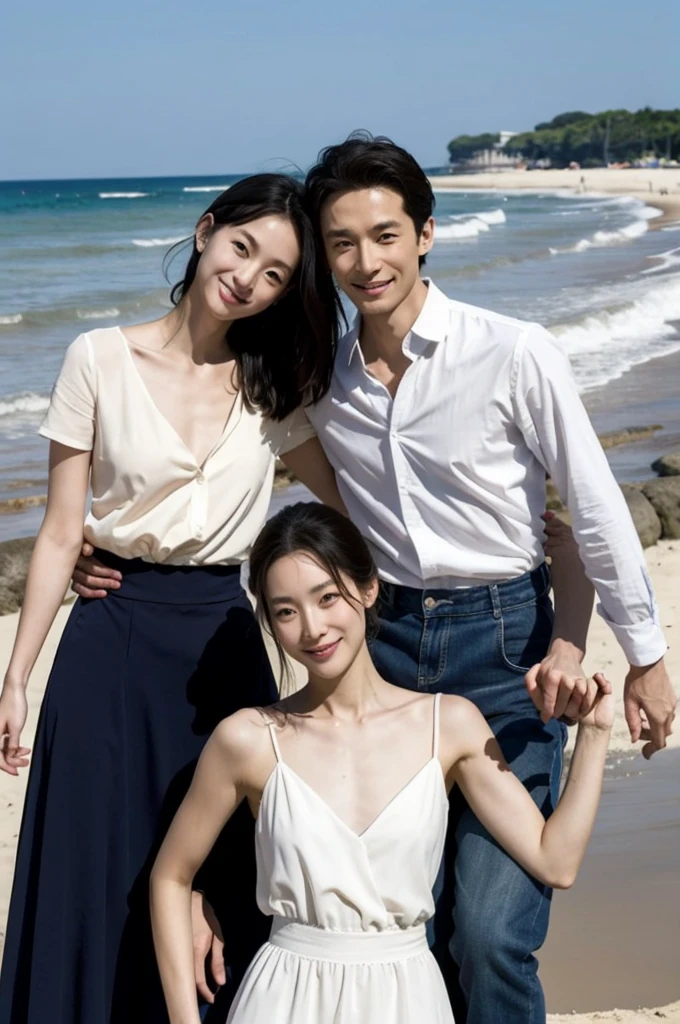 Des amis korean pose pour une photo, un air agréable, il on l'air responsable les uns des autres. Ils sont charismatiques, très bien détaillés, beaux visages, beaux yeux. À côté d'un lycée coréen. Style kdrama. Suspens. Ils ont tous 18 years. Lumières sombres. Bad guys. Lycéen, liberté, couché de soleil. Beach background