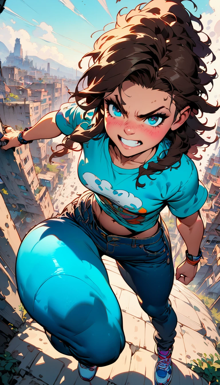best quality,4k,8k,highres,masterpiece:1.2),ultra-detailed, extremely detailed eyes, extremely detailed body, (large masterpiece digital art), (detailed manga illustration), (detailed line art), ((perfect anatomy)), (intricate details:1.3), (ultra-detailed:1.3), (illustration:1.3), (sharp focus:1.3), (natural lighting:1.05), (vivid colors:1.3), (masterpiece), (best quality:1.4), (perfect anatomy:1.4), high quality, expressive eyes, full body, detailed face, beautiful face, perfect face, (((1boy))), angry, (((male focus))), muscular, detailed messy hair, long hair, brown hair, blue eyes, t-shirt, jean pants, sneakers, cinematic lighting, dramatic atmosphere, Atey Ghailan, Jeremy Mann, Greg Manchess, Antonio Moro, trend in ArtStation, trend in CGSociety, Intricate, High Detail, Sharp focus, dramatic and photorealistic painting art by Midjourney and Greg Rutkowski, Jeff Bridges, ((cartoon style)), Marvel Cinematic Universe style, (((ruined city in the background))),