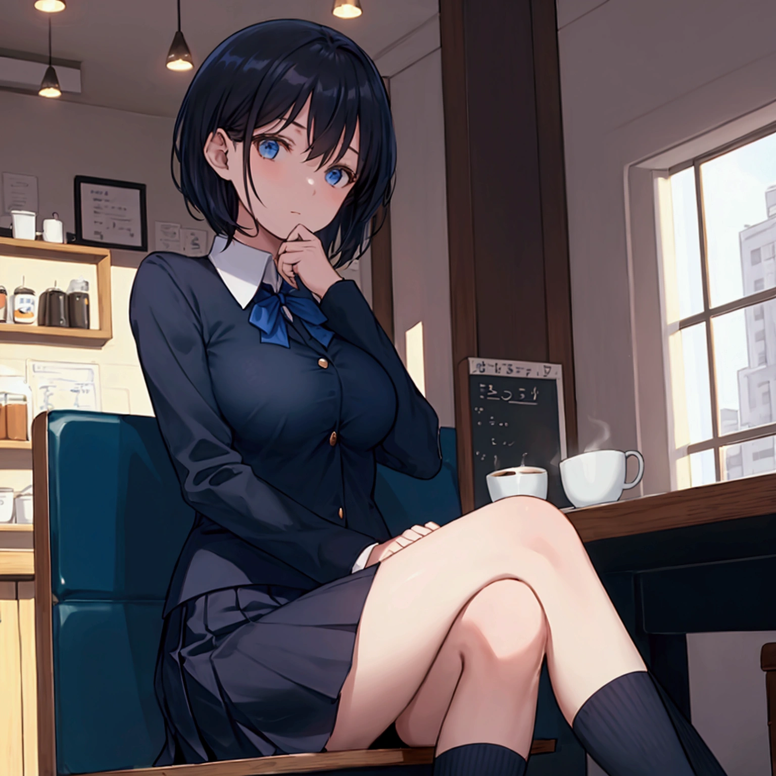 Coffee shop background, school uniform, dark blue uniform, 1woman, solo, dark hair, short hair, shining hair, medium-large breast, sitting behind table, facing viewer, arrogant, 