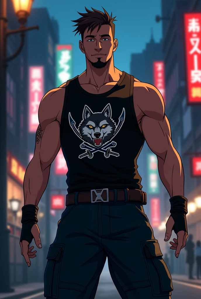 Anime, homme, inspiré de Bob richards et Stephan Curry avec vêtement de combat ( gilet noir avec logo d’une tête de loup avec deux sabres), pantalon noir, barbichette