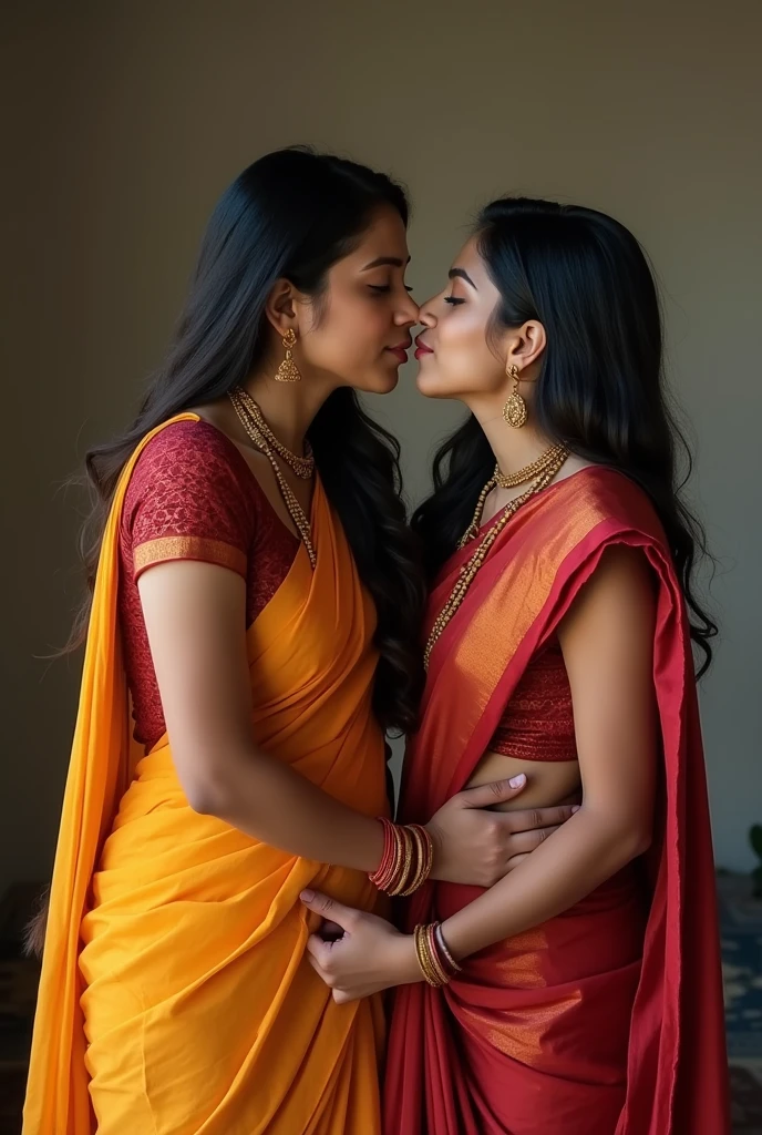 An Indian hot teacher wearing saree exposes her navel and waist to her student.one student kisses her navel and another one presses her waist