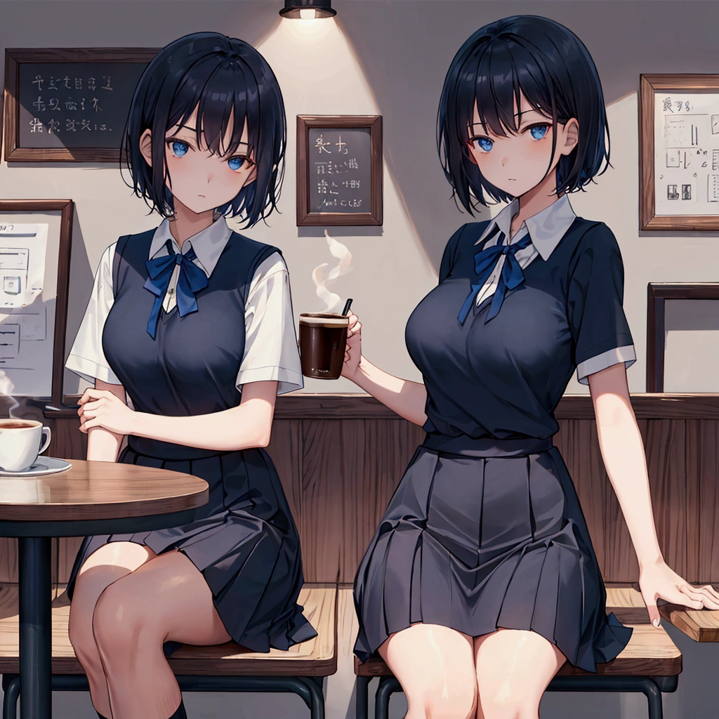 Coffee shop background, school uniform, dark blue uniform, 1woman, solo, dark hair, short hair, shining hair, medium-large breast, sitting behind table, facing viewer, arrogant, 