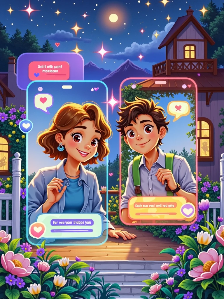 Picture of an animated couple，night，Starry sky，Bright stars，Female figure in a picturesque garden，Male figure in a cozy private room，Have lively chats via universal messaging apps。This picture should be lovely、Charming charm，Couples having a pleasant conversation in their respective locations。