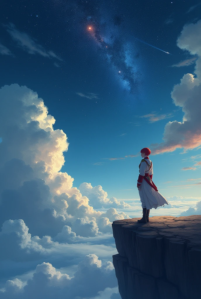 (Maximum resolution, clearly_image) Excellent, masterpiece, High Detail, Semi-realistic, Beautiful night sky, Stars, Meteor Showers, Beyond the clouds,Wide Angle, Stunning clouds,a very beautiful woman, Solitary, Normal handsome posture, Red short hair, Golden Eyes, Indifferent expression, 18 years old, young, tall and big , white and red military uniform, Military Pants, Military boots, confident, Serious, Cold and proud, Standing on the cliff, Looking from the bottom up