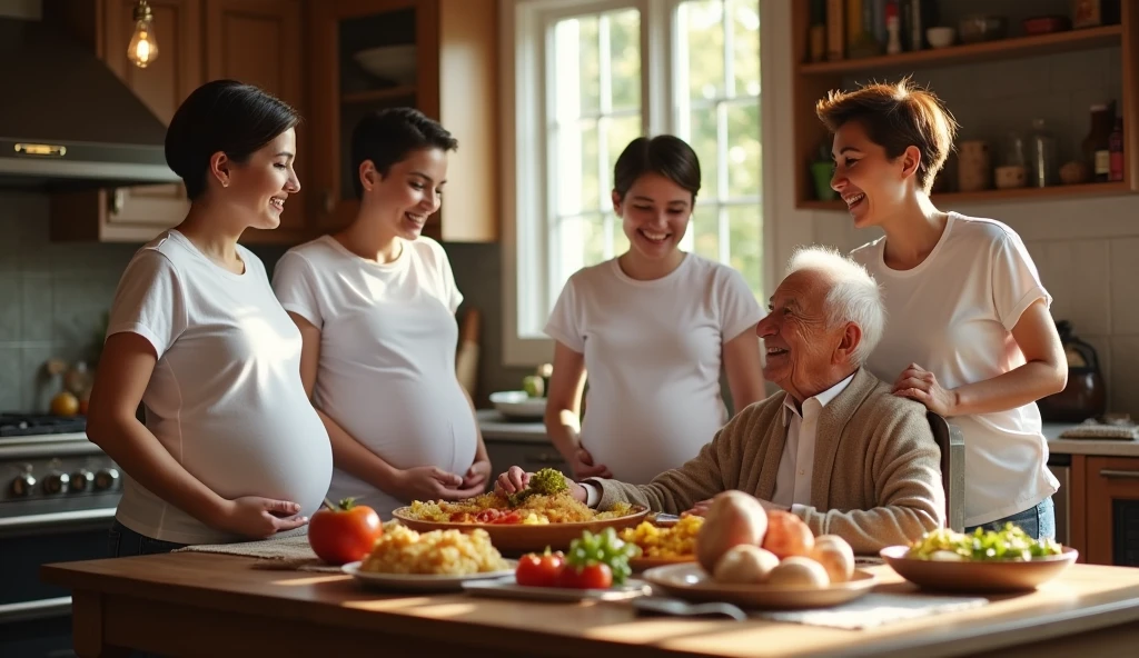 5 beautiful women with short hair wearing , no bras, wearing white t-shirts, is pregnant, his stomach is visible, surrounding a grandfather who is eating