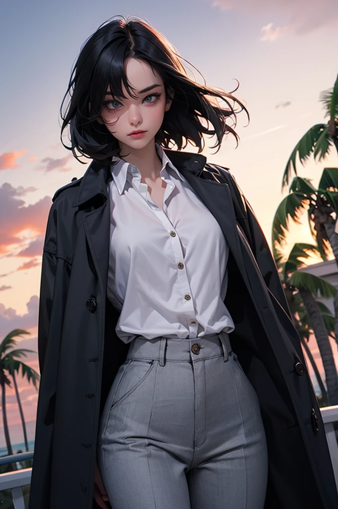 1 girl, solo, short black hair, covering eyes, heterochromia eyes, pale skin, serious, black trench coat top, red dress shirt (buttons undone), stright dress pants, Miami, sunset, palm tree, windy,