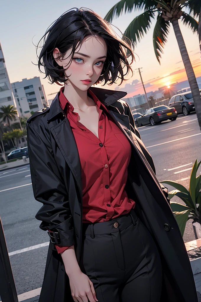 1 girl, solo, short black hair, covering eyes, heterochromia eyes, pale skin, serious, black trench coat top, red dress shirt (buttons undone), stright dress pants, Miami, sunset, palm tree, windy, 