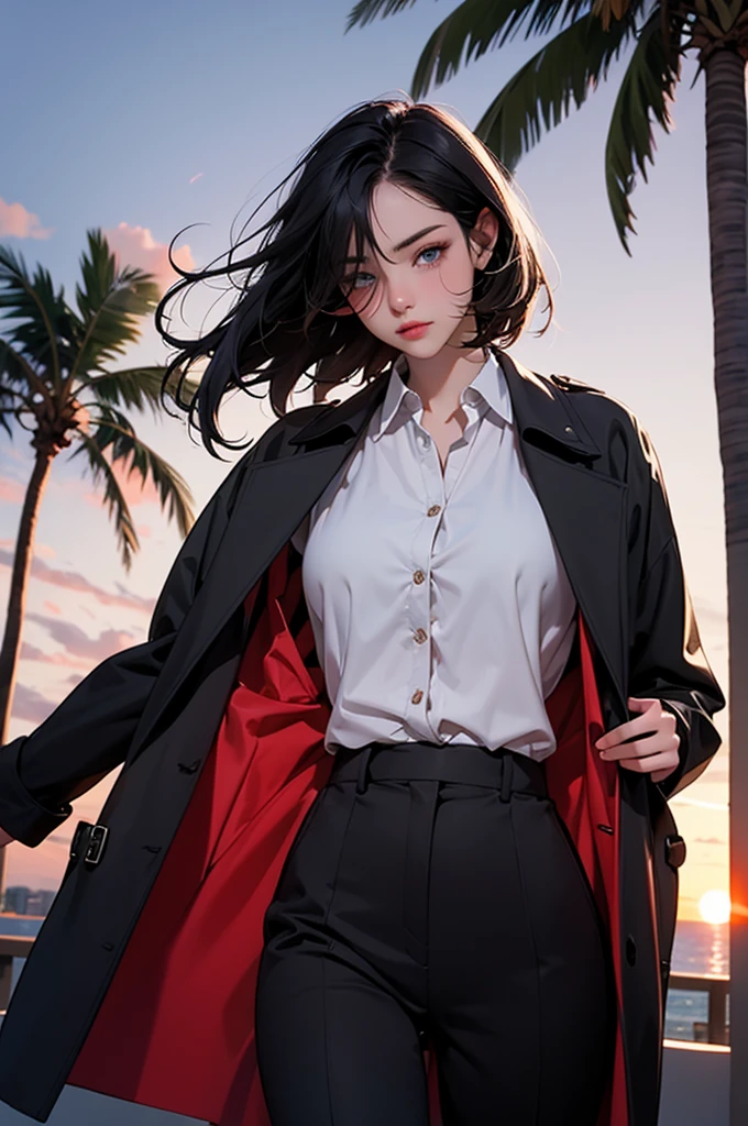1 girl, solo, short black hair, covering eyes, heterochromia eyes, pale skin, serious, black trench coat top, red dress shirt (buttons undone), stright dress pants, Miami, sunset, palm tree, windy, 