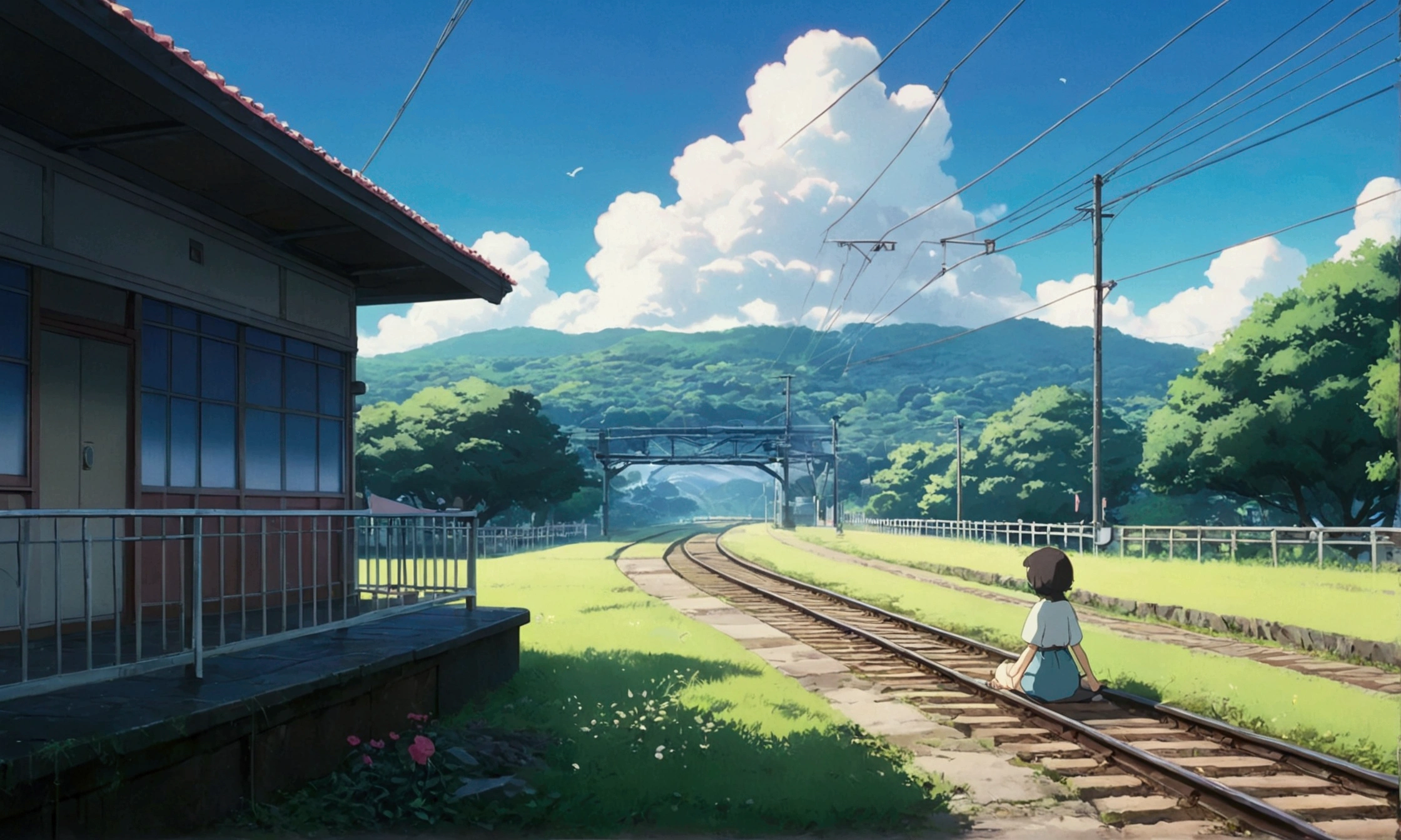 Ultra-high resolution,80s aesthetic anime ,outline,Studio Ghibli,Rural Station,Station,Wait at the platform,Sitting Girl,Turn your back on the viewer,White cloud,Anime Bloom Effect,Soft lighting,CG particle effects 4K resolution