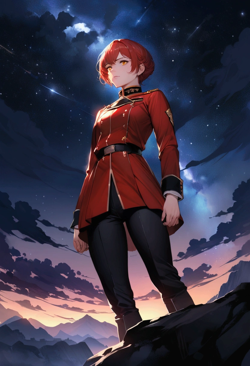 (Maximum resolution, clearly_image) Excellent, masterpiece, High Detail, Semi-realistic, Beautiful night sky, Stars, Meteor Showers, Beyond the clouds,Wide Angle, Stunning clouds,a very beautiful woman, Solitary, Normal handsome posture, Red short hair, Golden Eyes, Indifferent expression, 18 years old, young, tall and big , white and red military uniform, Military Pants, Military boots, confident, Serious, Cold and proud, Standing on the cliff, Looking from the bottom up