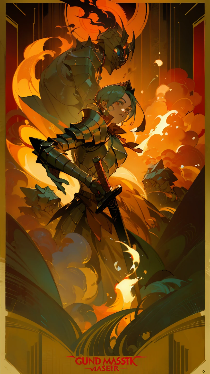 ((masterpiece)), (((best quality))),((beautiful detailed eyes)),(A art deco poster with stylized shapes luxury and sophistication:1.3),no humans, weapon, sword, red theme, holding weapon, holding, holding sword, solo, armor, 1girl, helmet, fire, artist name, from side, cape, guts (berserk), male focus, standing, gauntlets, orange theme, 1other