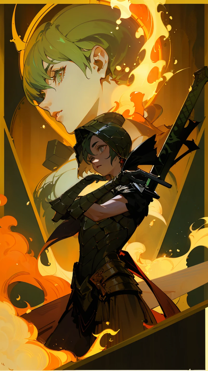 ((masterpiece)), (((best quality))),((beautiful detailed eyes)),(A art deco poster with stylized shapes luxury and sophistication:1.3),no humans, weapon, sword, red theme, holding weapon, holding, holding sword, solo, armor, 1girl, helmet, fire, artist name, from side, cape, guts (berserk), male focus, standing, gauntlets, orange theme, 1other