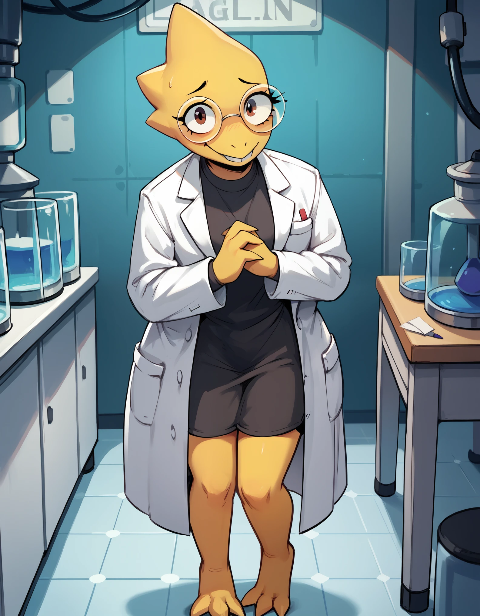 shy demure petite young blonde scientist, 1girl, solo, cute face, blushing, cute ponytail hairbuns, swept bangs, petite, tiny, labcoat, ((clutching clipboard against chest)), sci-fi sex laboratory background, huge beautiful blue eyes, tick-rimmed glasses, nervous, blush, cowboy shot, full-body shot, short pencil skirt, turtleneck, shy pose, ((tentacle monster pen in the background, huge equine cock-monster ejaculating in the distant background, dripping precum)), view from above