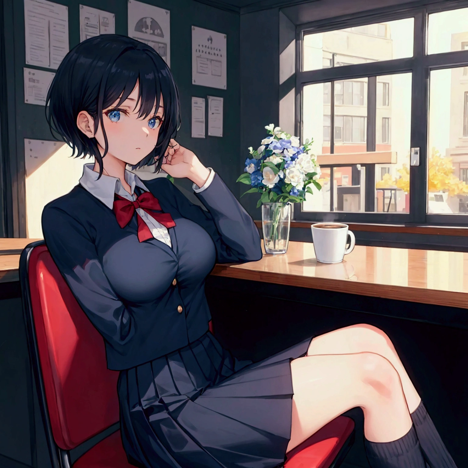 Coffee shop background, school uniform, dark blue uniform, 1woman, solo, dark hair, short hair, shining hair, medium-large breast, sitting behind table, facing viewer, arrogant,