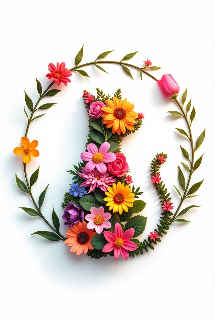2D logo for a Veterinary using only flowers that form a cat and a Circle round it