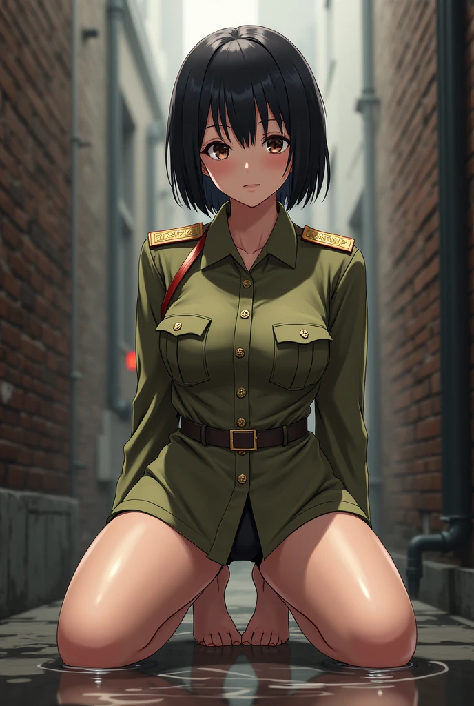 Anime, Short black hair with bangs, Narrow waist, Wearing Soviet military uniform,((bottomless:1.5)),NUDE,naked,wet pussy,((pussy:1.5)),Shaved pussy,Moscow alley,NSFW,Pussy,Squat,Leg spread