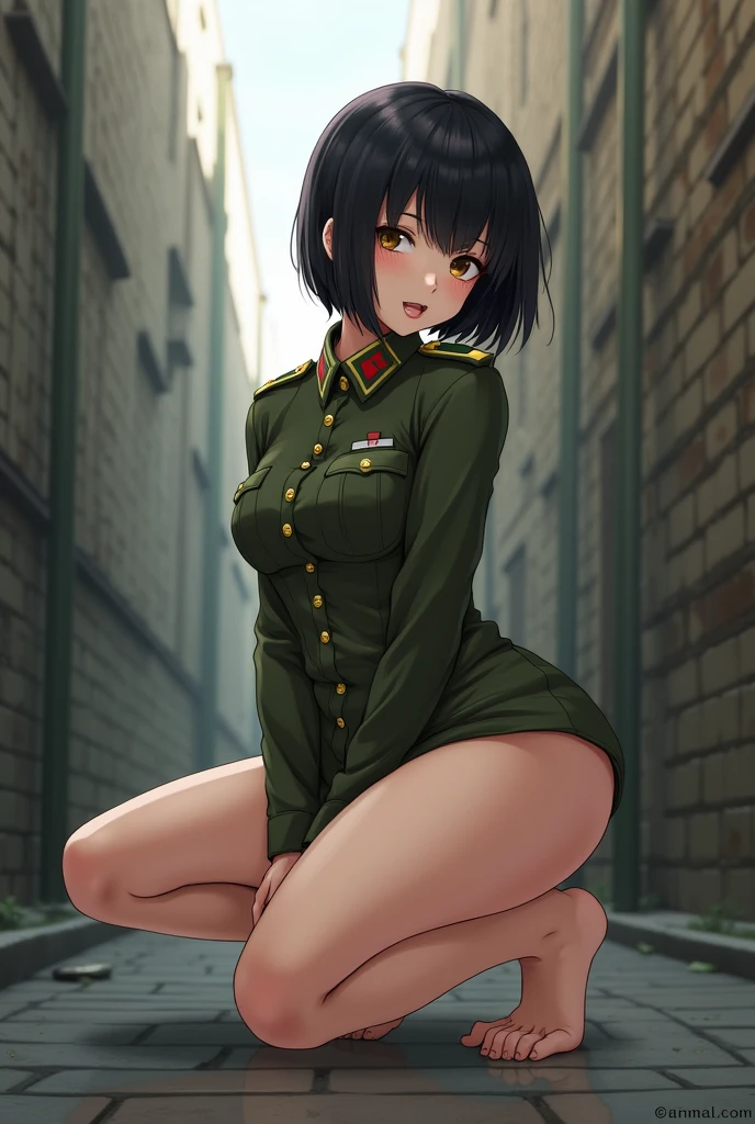 Anime, Short black hair with bangs, Narrow waist, Wearing Soviet military uniform,((bottomless:1.5)),NUDE,naked,wet pussy,((pussy:1.5)),Shaved pussy,Moscow alley,NSFW,Pussy,Squat,Leg spread