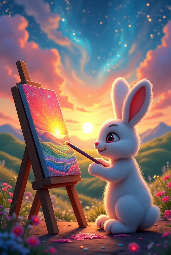(Benny( rabbit) starts painting, and his artwork begins to glow and transform into a beautiful, animated landscape)