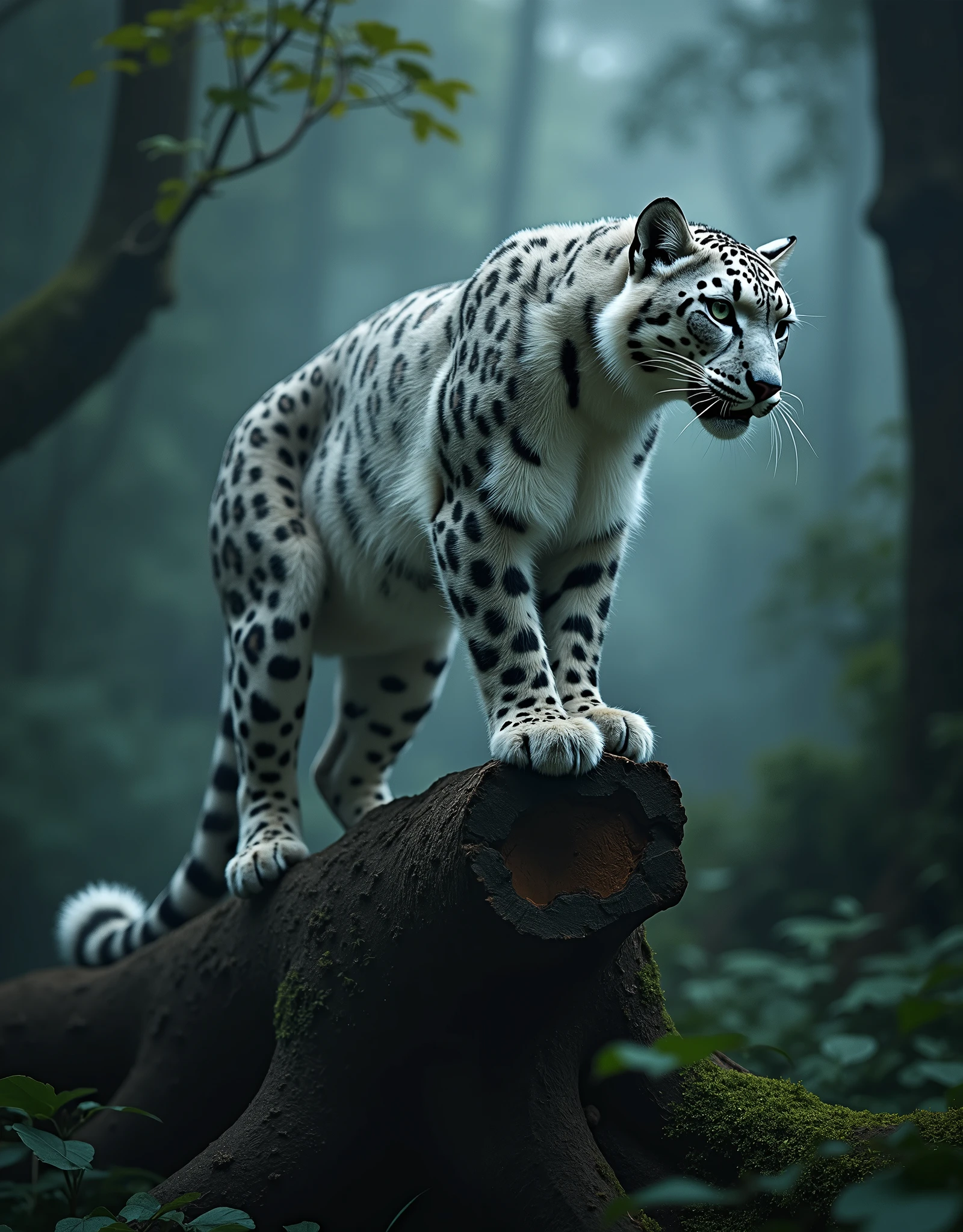 (((masterpiece))), (((Highest quality))), ((Very detailed)), (photograph), (photo:1.2) of a Snow leopard, anthropomorphic shape, humanoid form, woman body, small breasts, big hips, little coverings, action pose on a fallen tree trunk, jungle background, motion blur, cinematic action angle, cinematic angle, cinematic perspective, action shot, action perspective. intricate details, shimmering, sparkling, iridescent, mesmerizing, dreamlike, ethereal, cinematic lighting, dramatic shadows, vibrant colors, soft focus, hyper realistic, masterpiece. [Entire scene is surrounded by mist, evoking a mysterious and eerie atmosphere. The lighting is dark and atmospheric, with smoke and fog adding a touch of sinister ambiance. Best quality image, HDR enhancement, showcasing the utmost level of detail and realism]. [8K, Best Quality, Ultra High Resolution, (highly detailed CG unity 8k wallpaper), (best photo), (best shadows), isometric 3D, octane rendering, ray tracing, highly detailed, (Best quality, 4K, 8k:1.2), absurdity, ultra detailed, (realistic, photorealistic, photorealistic:1.37), complex parts, HDR, (complex parts:1.12), (hyper detailed, hyper realistic, Soft lighting, spicy:1.2), (complex parts, Hyper detailed:1.15). Blurred foreground. (backlit), masterpiece, high quality, brightness, chromatic aberration, foggy smoke, shadows, contrast, (warm hue, warm tone), high details, natural reflections]. many details. Cinematic lights. photo.